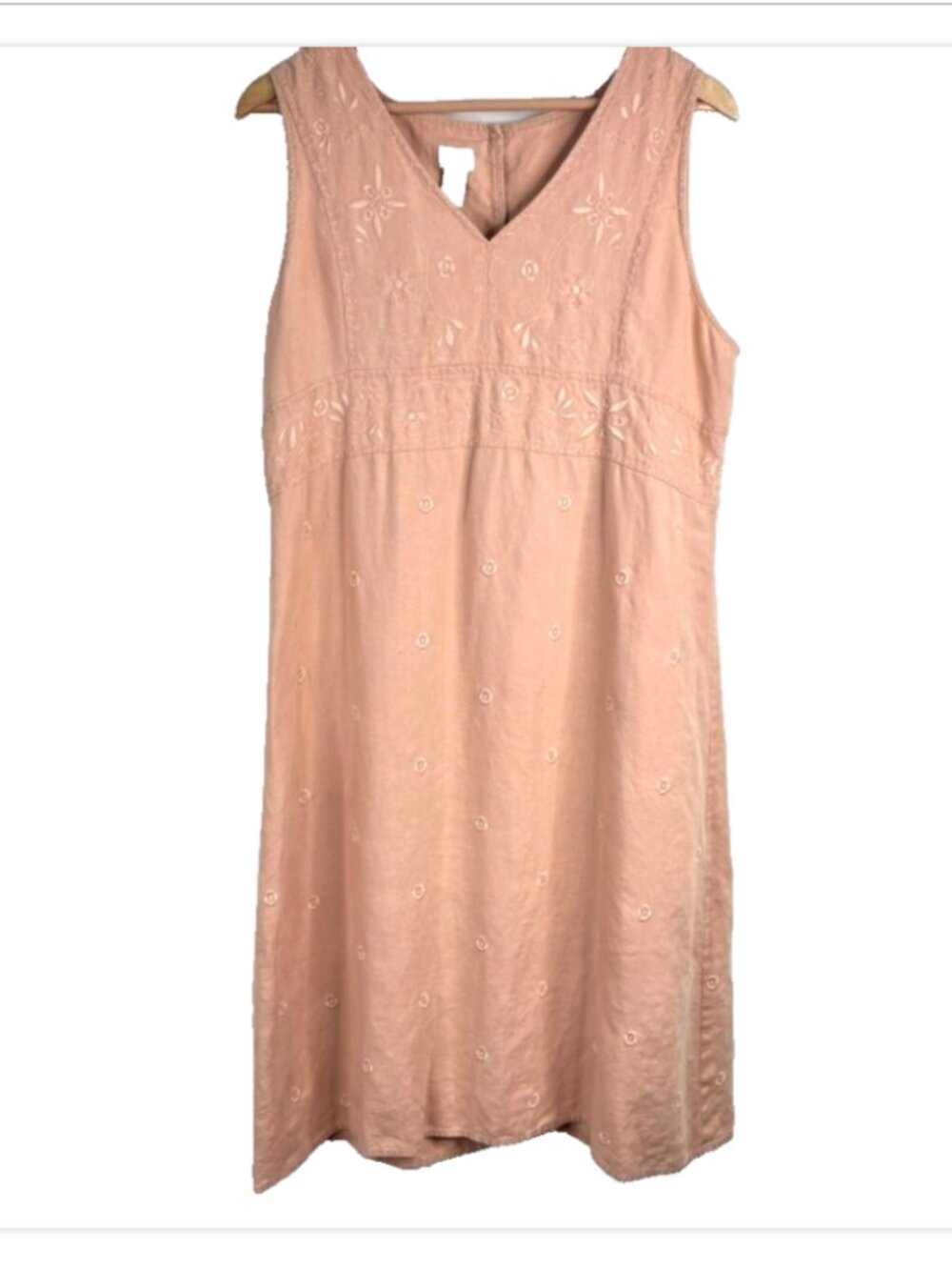 J Jill 100% Linen Babydoll Dress L Embroidered Sleeveless Boho Coastal Cottage - Picture 2 of 10